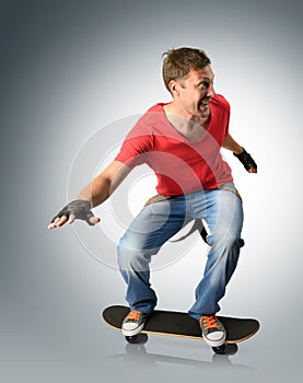 Funny man with suspender on a skateboard