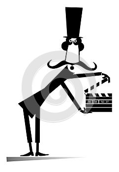 Funny man in the top hat holds a movie clapper illustration