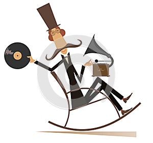 Funny man in the top hat listens music on the vintage record player illustration