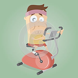 Funny man training on indoor bike trainer