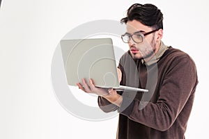 Funny man using laptop compter photo