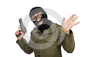 The funny man wearing balaclava isolated on white