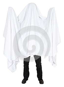 Funny Man Wearing Bedsheet Ghost Costume Isolated photo