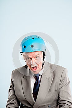 funny man wearing cycling helmet portrait real people high definition blue background