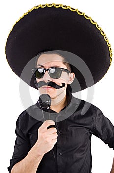 Funny man wearing mexican sombrero hat isolated