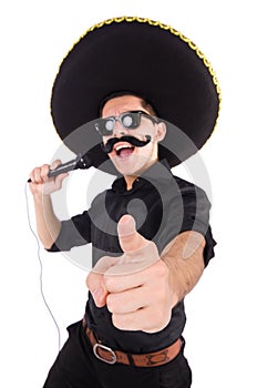 Funny man wearing mexican sombrero hat isolated