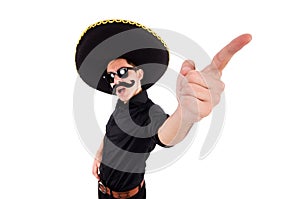 Funny man wearing mexican sombrero hat isolated