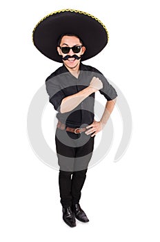 Funny man wearing mexican sombrero hat isolated on