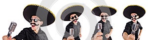 The funny man wearing mexican sombrero hat isolated on white