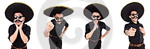 The funny man wearing mexican sombrero hat isolated on white