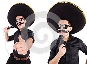 The funny man wearing mexican sombrero hat isolated on white