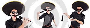 The funny man wearing mexican sombrero hat isolated on white