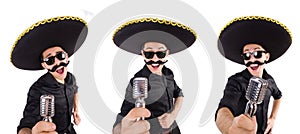 The funny man wearing mexican sombrero hat isolated on white