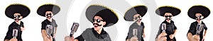 The funny man wearing mexican sombrero hat isolated on white