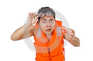 The funny man wearing orange safety vest