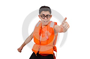 The funny man wearing orange safety vest