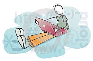 Funny man working in the cloud