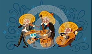 Funny Mariachi skeleton band playing musical instruments