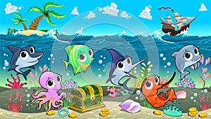 Funny marine animals in the sea with galleon