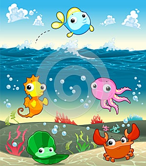 Funny marine family in the sea.