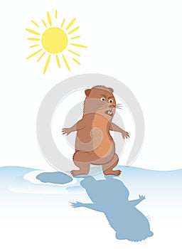 Funny marmot scared of his shadow. Illustration for February 2.