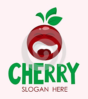 Funny mascot bright sticker, emblem and logo for cherry bery fresh juice. For cafe, bar, club, grocery store, package, price tag