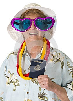 Funny Mature Senior Woman Tourist, Travel, Passport, Isolated