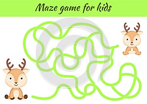 Funny maze or labyrinth game for kids. Help mother find path to baby. Education developing worksheet. Activity page. Cartoon deer