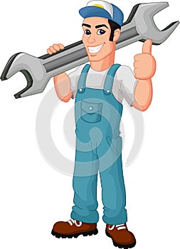 Funny mechanic cartoon holding wrench and giving thumbs up