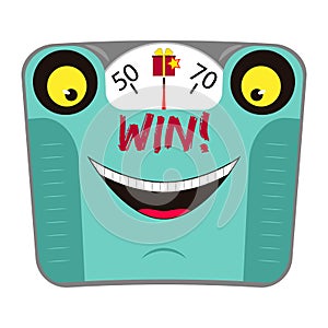 Funny mechanical bathroom scale with face and smile. Win over excess weight. Concept healthy lifestyle. Cartoon character.