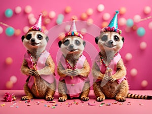Funny meerkats at a party on a pink background. for a postcard. Generative AI
