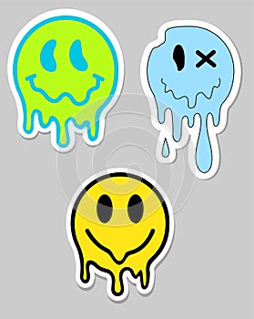 Funny melt smile faces set collection. Melted smile faces in trippy acid rave style isolated on white. Psychedelic