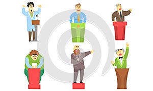 Funny Men Giving Speech at Podium, Orators Cartoon Characters Speaking from Tribune Vector Illustration