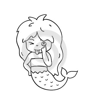 Funny mermaid makes faces and sticks out tongue. Cute cartoon character for emoji, sticker, pin, patch, badge.