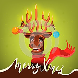 Funny Merry Christmas card. Cartoon, cute and happy Santa`s Christmas reindeer deer, antler with candles