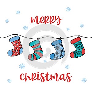 Funny Merry Christmas card. Hanging xmas socks. Vector cute colorful doodles. Outline hand drawn illustrations of isolated festive