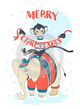 Funny Merry Christmas card with monkey riding an elephant wearing cute sweaters. Hand drawn doodle style