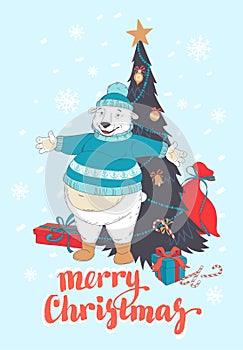 Funny Merry Christmas card with polar bear wearing cute sweater