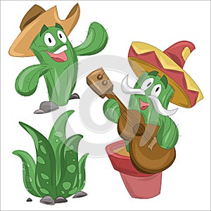 Funny Mexican cacti in a sambrero and a hat with a guitar. photo