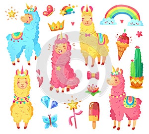 Funny mexican smiling alpaca with fluffy wool and cute rainbow llama unicorn. Magic pets cartoon illustration set