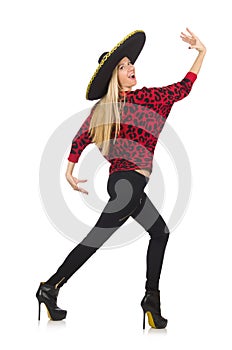 Funny mexican woman wearing sombrero isolated