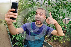 Funny millennial farmer making selfie on smartphone in his greenhouse, showing like sign, because harvest is good. Organic farming