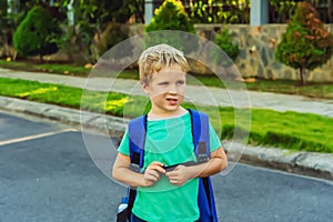 Ridículo travieso lindo chico pecas azul mochila o jardín de infancia artístico emociones 