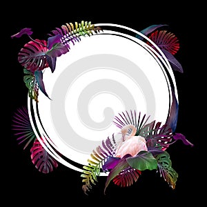 Funny and modern summer tropical background with exotic palm leaves and flamingo