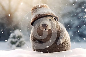 Funny mole wearing hat in snowfall. Generate ai