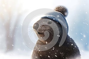 Funny mole wearing winter hat. Generate ai