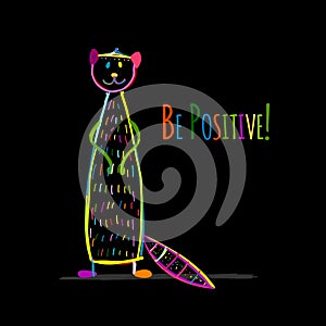 Funny mongoose colorful on black, sketch for your design