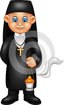 Funny monk cartoon standing bring lamp with smiling