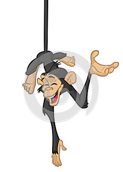 Funny Monkey Chimpanzee Hanging Upside Down Vector Illustration In Cartoon Style Design.