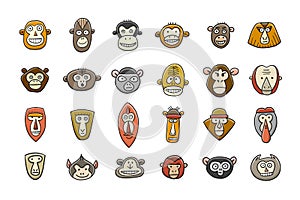 Funny monkey faces, icon collection. Sketch for your design. Childish style